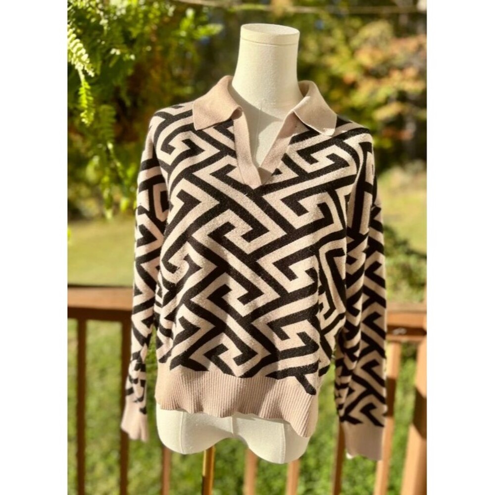 Philosophy Geometric Polo Sweater Black Taupe XL